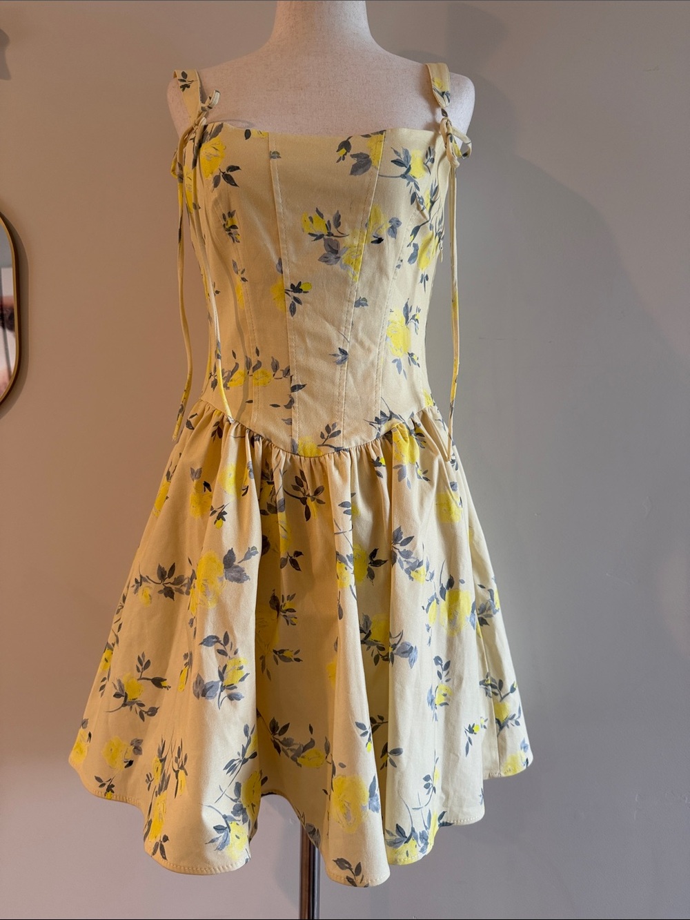 Womens Yellow Floral Tie-Shoulder Summer Dress